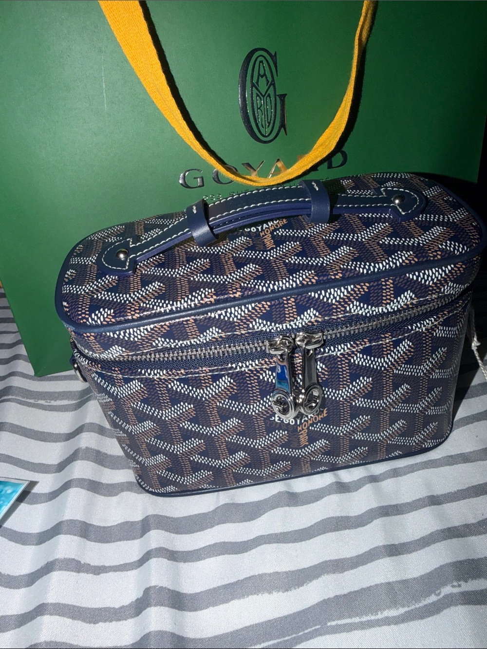Goyard Navy, Brown and White Patterned Crossbody Vanity Bag